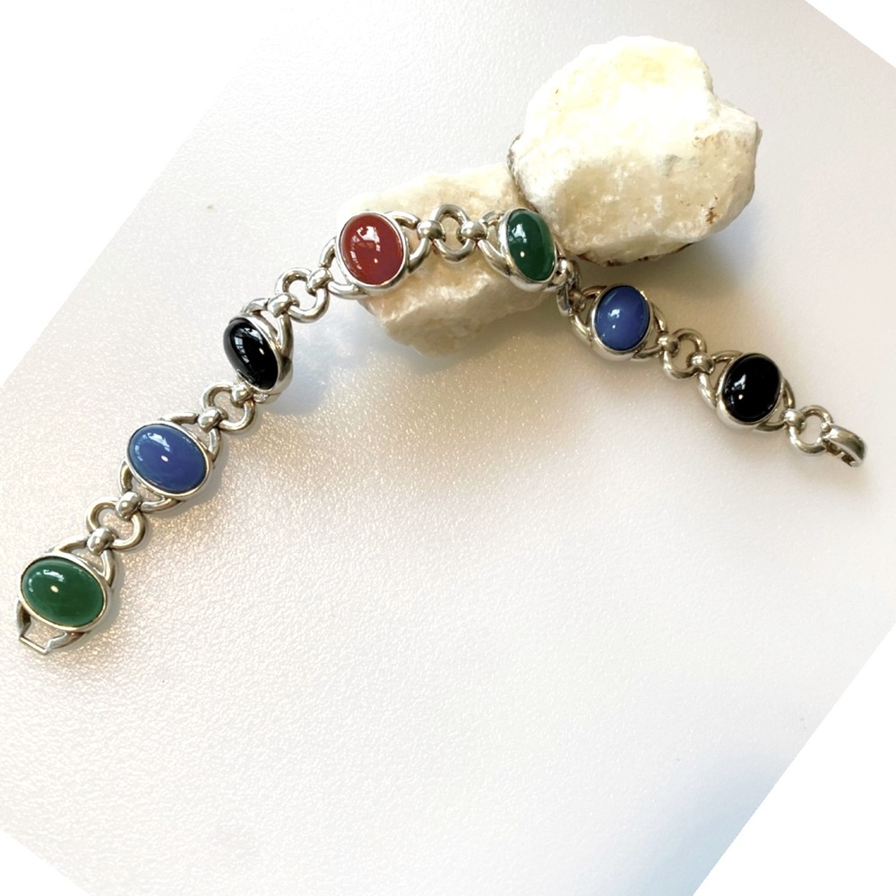 VTG-Sterling Silver 925 Multi Color Onyx, Carnelian & Chalcedony Link Bracelet - Picture 3 of 14